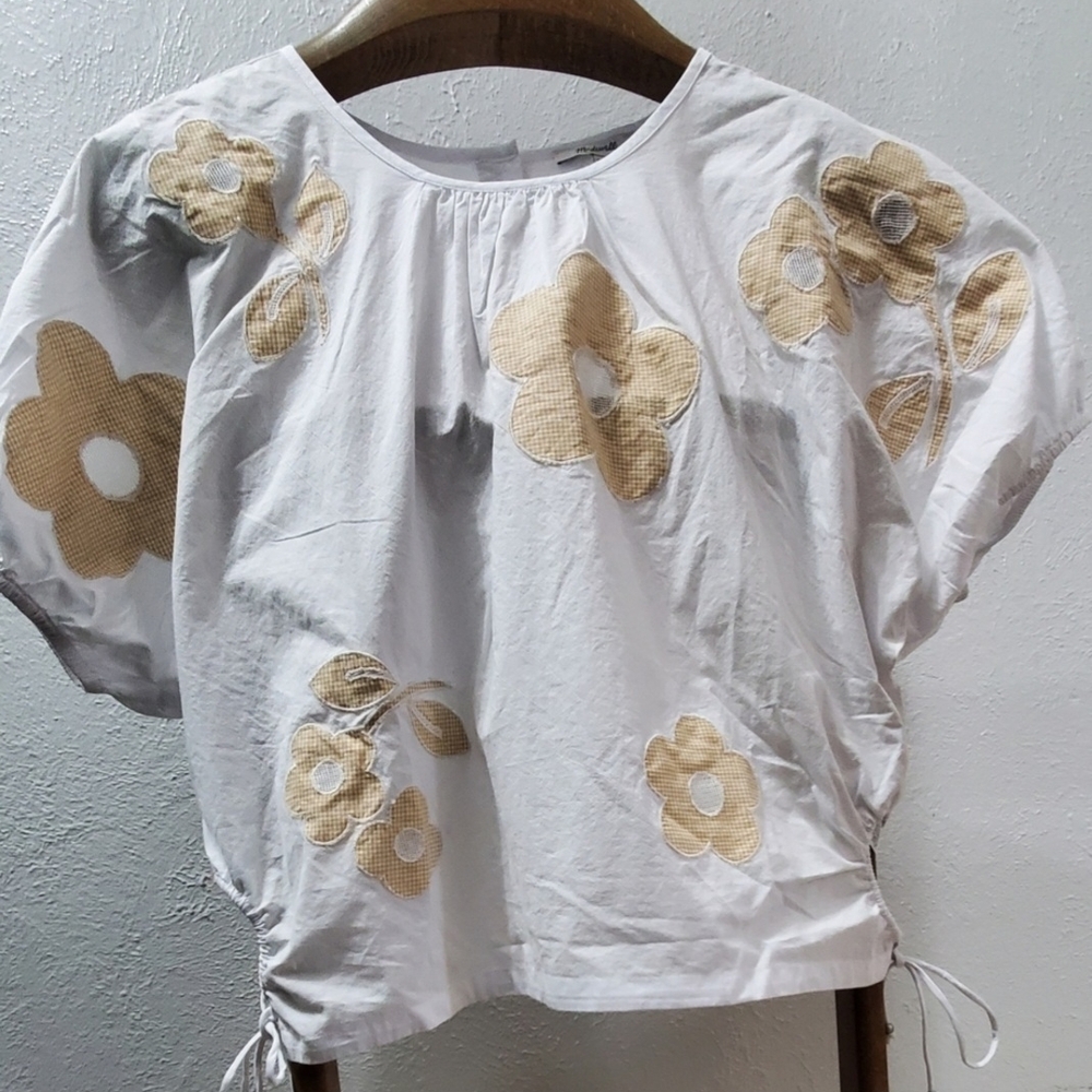 Madewell White Ruched Linen Crop Blouse with Yellow Accents - Picture 4 of 16